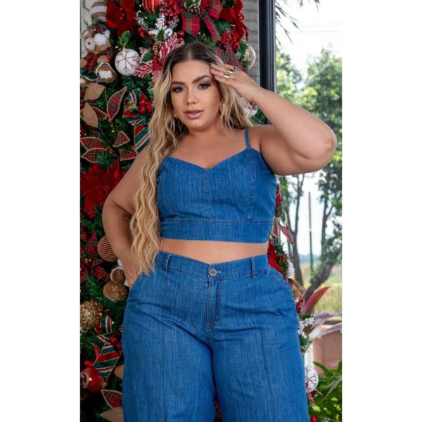 Conjunto - Calça Pantalona e Cropped Jeans, Plus Size, lavagem clara