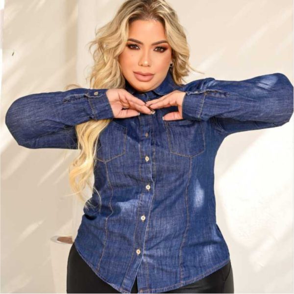 Camisa Jeans Plus Size, manga longa com opção de uso manga 3/4