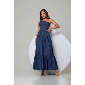 Vestido Jeans Longo, um ombro, casual GS