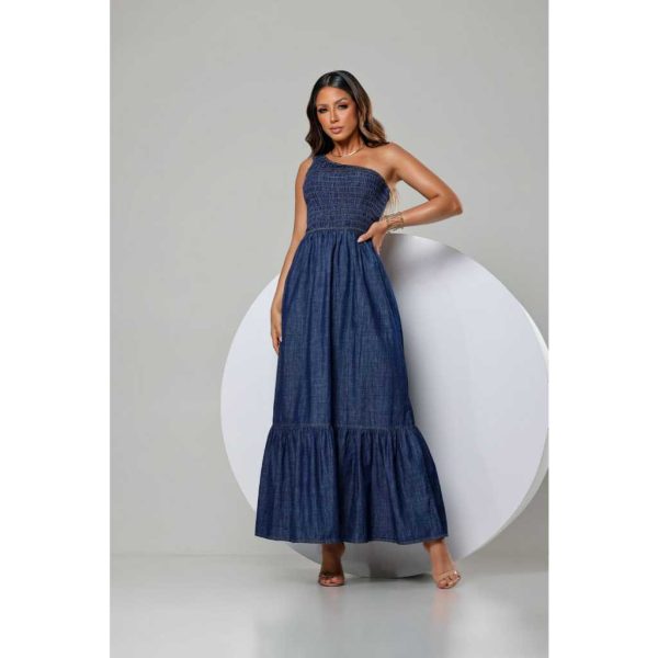 Vestido Jeans Longo, um ombro, casual GS