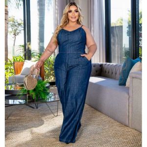 Macacão Feminino Jeans, Plus Size, alça ajustável