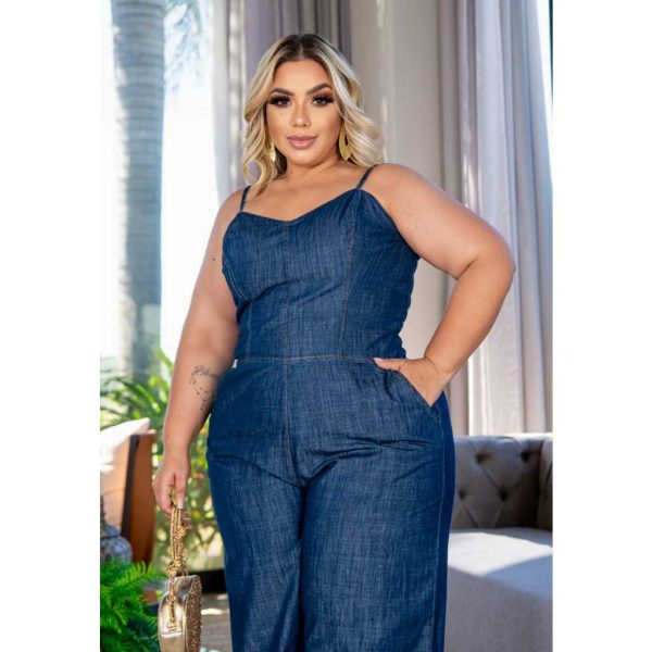 Macacão Feminino Jeans, Plus Size, alça ajustável - Imagem 2