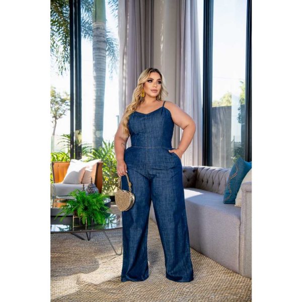 Macacão Feminino Jeans, Plus Size, alça ajustável - Imagem 3