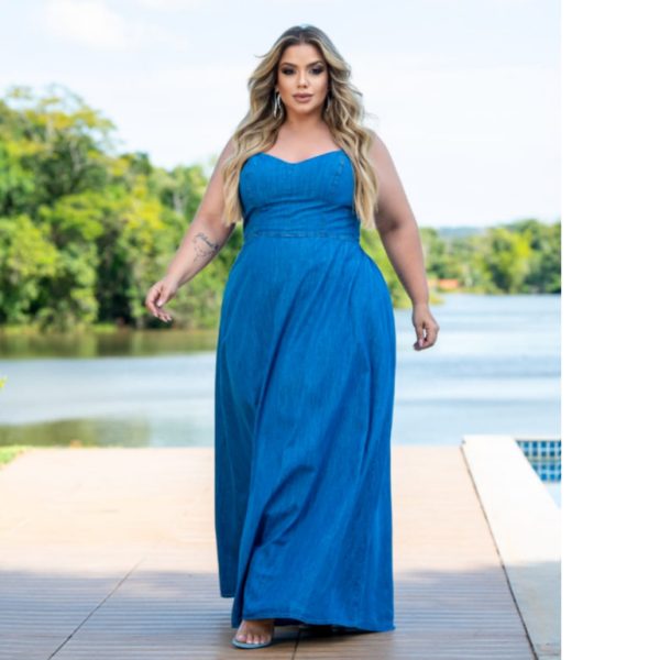 Vestido Jeans Longo Plus Size, com alça ajustável, elegante casual