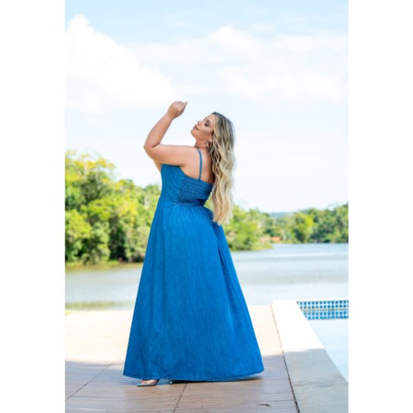 Vestido Jeans Longo Plus Size, com alça ajustável, elegante casual - Imagem 4