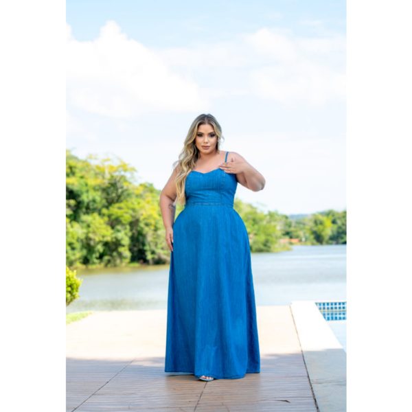 Vestido Jeans Longo Plus Size, com alça ajustável, elegante casual - Imagem 5