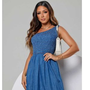 Vestido Jeans Longo , um ombro, casual GS