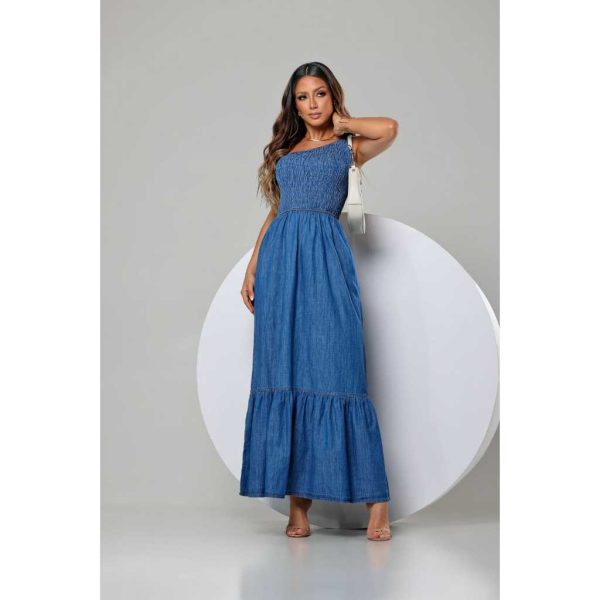 Vestido Jeans Longo , um ombro, casual GS - Imagem 3