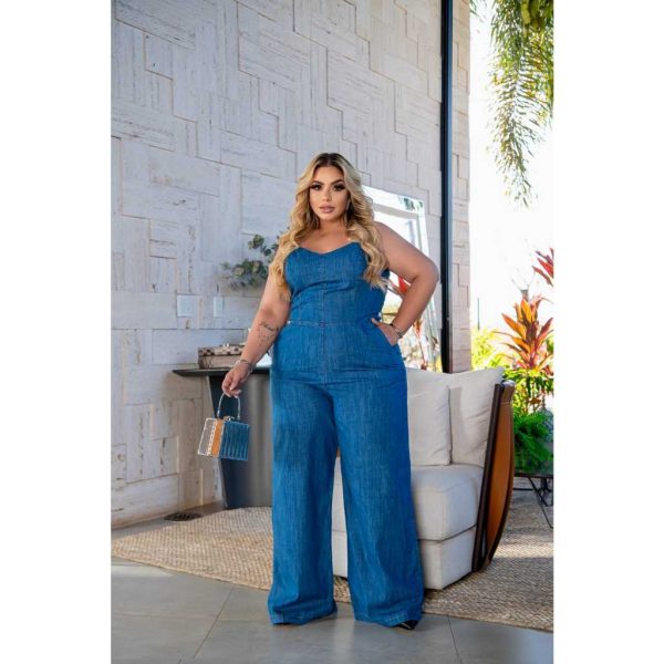 Macacão Feminino Jeans Lavagem clara, Plus Size - Imagem 2