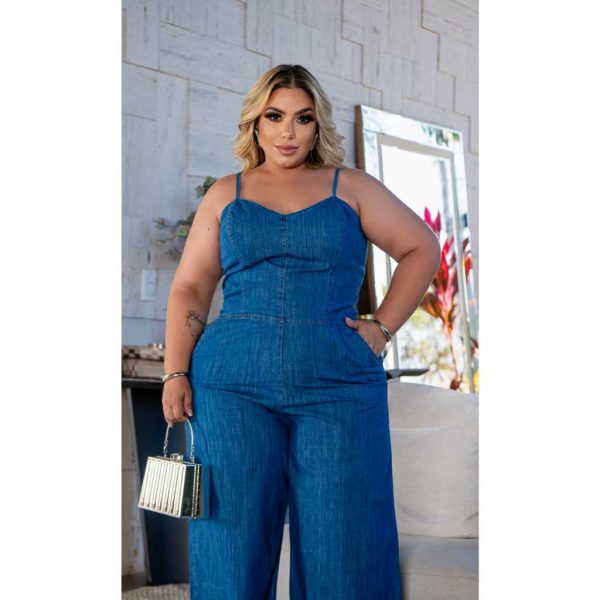 Macacão Feminino Jeans Lavagem clara, Plus Size - Imagem 4