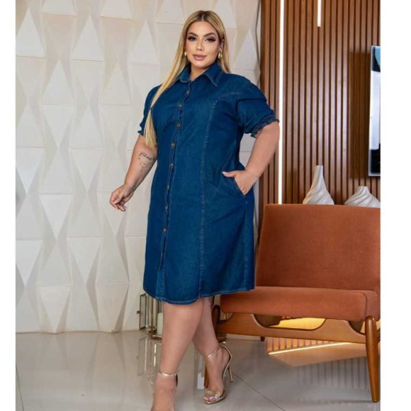 Vestido Chemise Plus Size, Manga Bufante, Gola, Botões