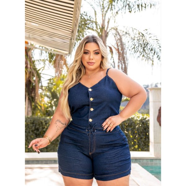 Macaquinho Feminino Jeans Plus Size, curto com lycra, alça ajustável