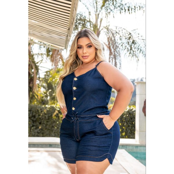 Macaquinho Feminino Jeans Plus Size, curto com lycra, alça ajustável - Imagem 2