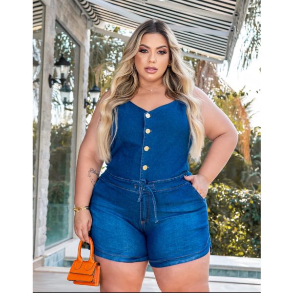 Macaquinho Feminino Jeans Plus Size Curto, Alcinha, Botão