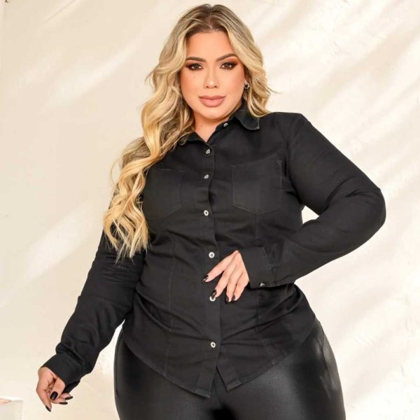 Camisa Jeans Plus Size, manga longa com opção de uso manga 3/4