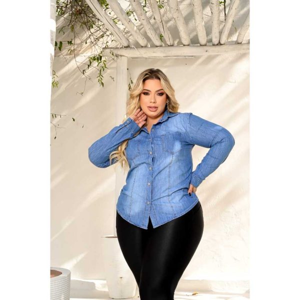 Camisa Jeans Plus Size, manga longa com opção de uso manga 3/4 - Imagem 3