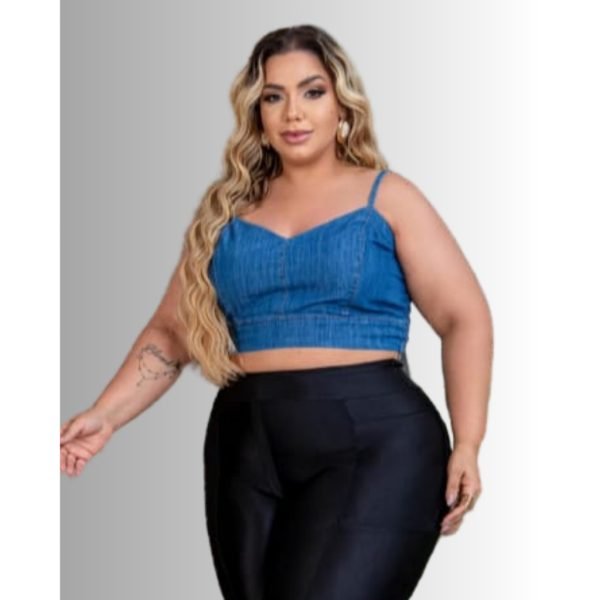 Cropped Jeans Plus Size, elásticos nas costas, alça ajustável - Imagem 4