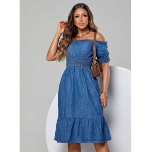 Vestido Jeans Ciganinha, ombro a ombro.