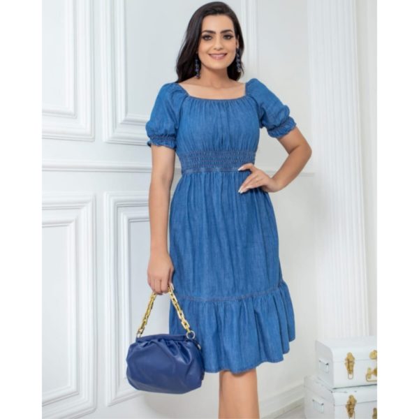Vestido Jeans babado, estilo ombro a ombro, moda evangelica - Imagem 3