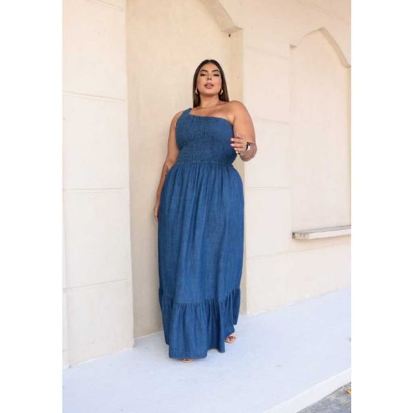 Vestido Jeans Longo, um ombro, casual e elegante, GS
