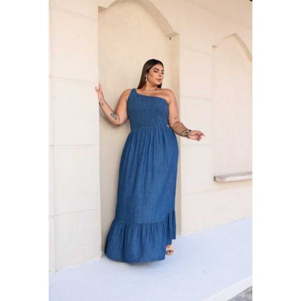 Vestido Jeans Longo, um ombro, casual e elegante, GS - Imagem 3
