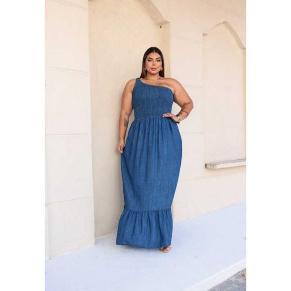Vestido Jeans Longo, um ombro, casual e elegante, GS - Imagem 4