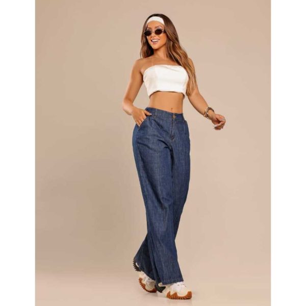 Calça Pantalona Jeans Wide Leg Cintura Alta