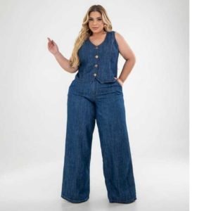 Conjunto Colete e Calça Pantalona Jeans, Plus Size