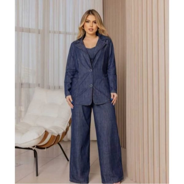 Conjunto de Blazer, Crooped e Calça Pantalona  Jeans, elegante casual - Imagem 3