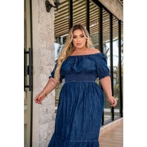 Vestido longo Plus Size, Manga ciganinha - ombro a ombro, com babado e detalhe em lastex