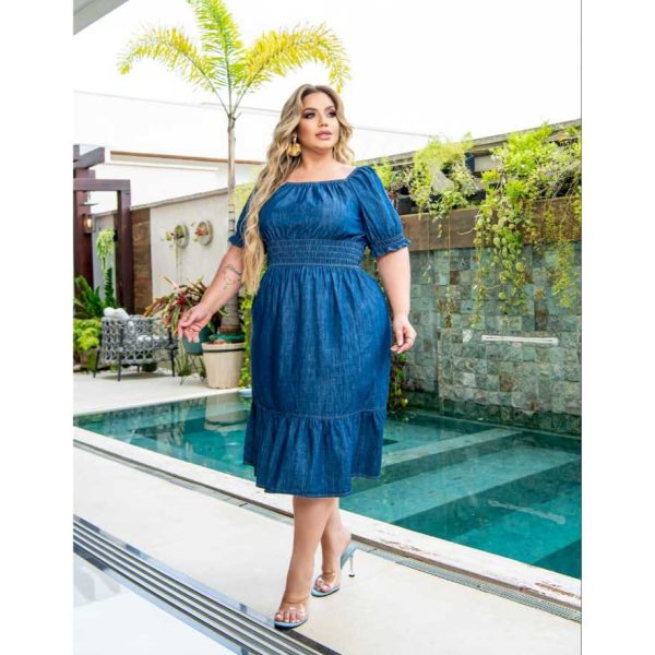 Vestido Jeans Plus Size Ciganinha Midi