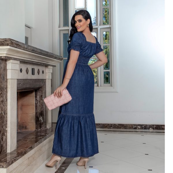 Vestido longo, Manga ciganinha - ombro a ombro, com babado e detalhe em lastex - Imagem 3