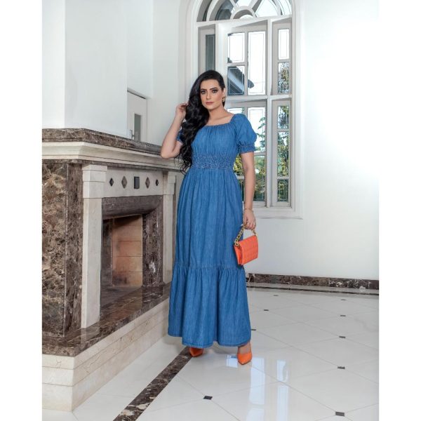Vestido longo, Manga ciganinha - ombro a ombro, com babado e detalhe em lastex - Imagem 3