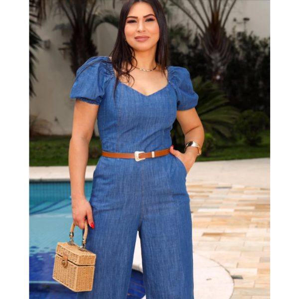 Macacão Feminino Jeans, manga curta, elegante e casual