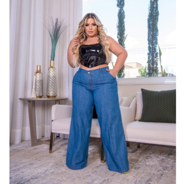 Calça Pantalona, Wide Leg, Plus Size, lavagem clara
