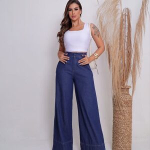 Calça Pantalona Jeans Wide Leg com Detalhe na Barra