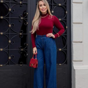 Calça Pantalona Jeans Wide Leg com Detalhe na Barra