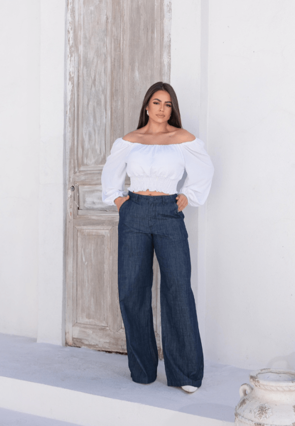 Calça Pantalona Jeans, cintura alta elegante - Imagem 5