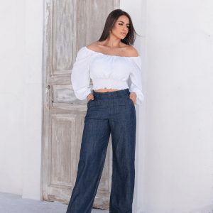 Calça Pantalona Jeans, cintura alta elegante