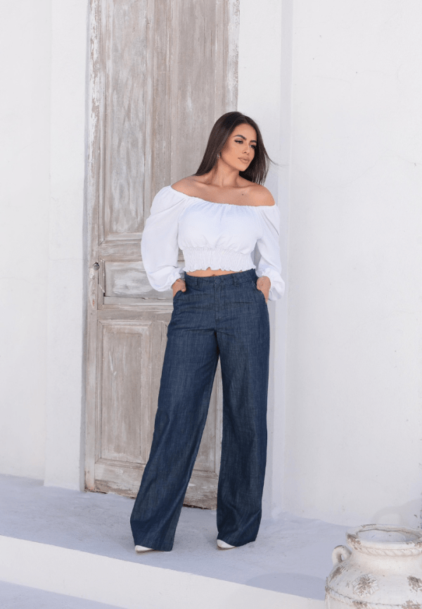 Calça Pantalona Jeans, cintura alta elegante