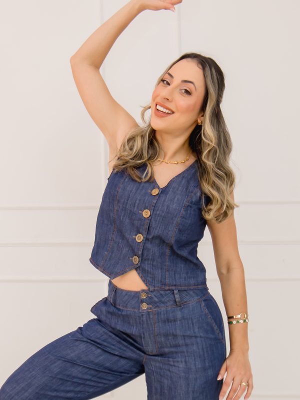 Conjunto Colete Jeans Com Botões e Calça Pantalona Jeans Cintura Alta - Imagem 6