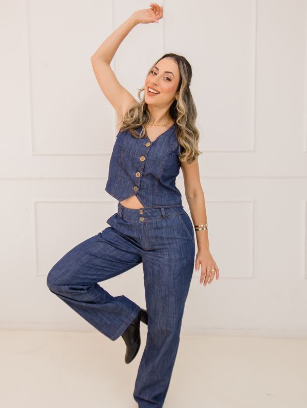 Conjunto Colete Jeans Com Botões e Calça Pantalona Jeans Cintura Alta - Imagem 5