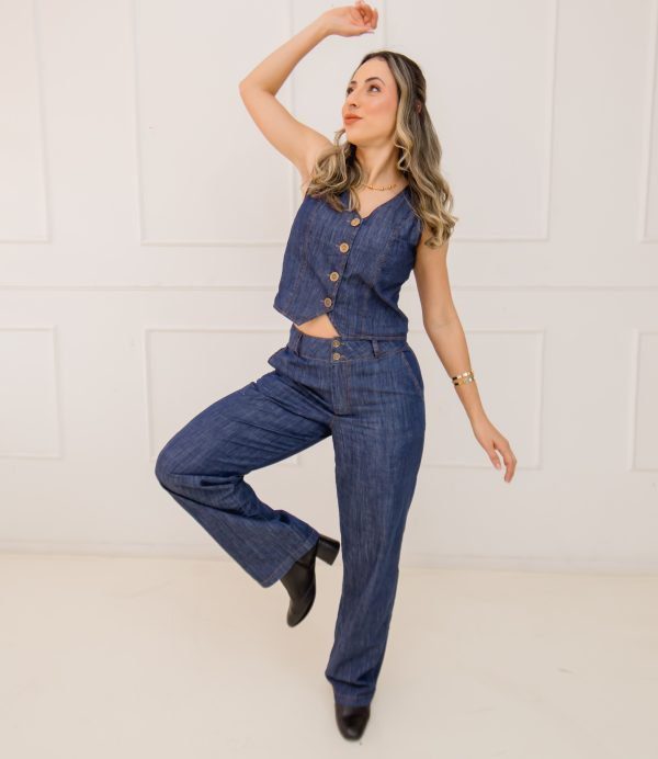 Conjunto Colete Jeans Com Botões e Calça Pantalona Jeans Cintura Alta - Imagem 4