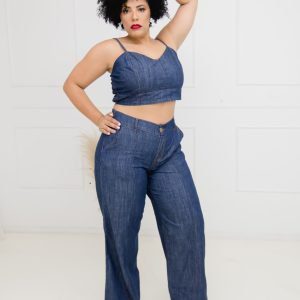 Conjunto Cropped e Calça Pantalona Jeans Plus Size
