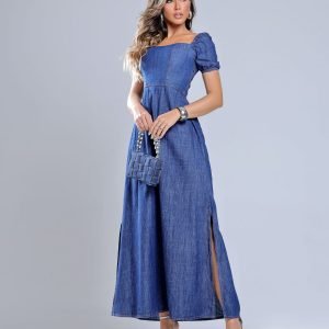 Vestido Longo Jeans de manga, com fenda na perna