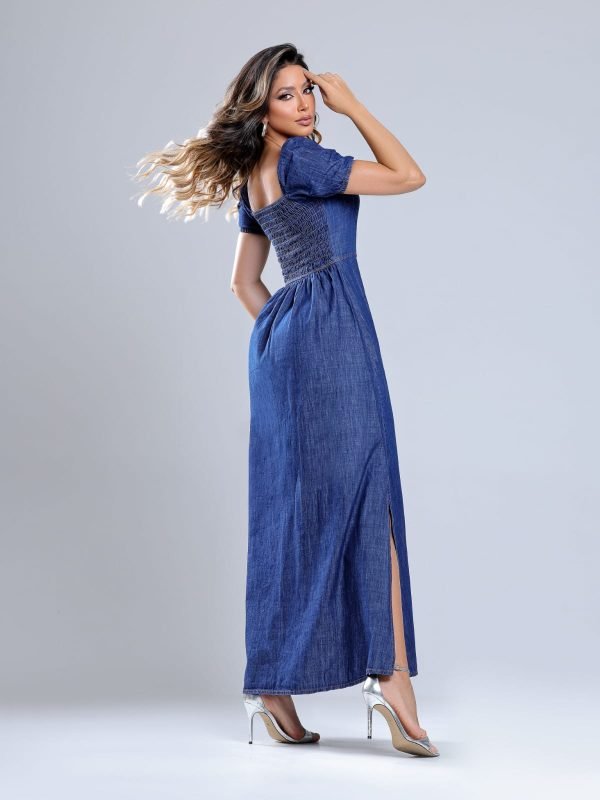 Vestido Longo Jeans de manga, com fenda na perna - Imagem 4