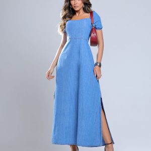 Vestido Longo Jeans de manga, com fenda na perna