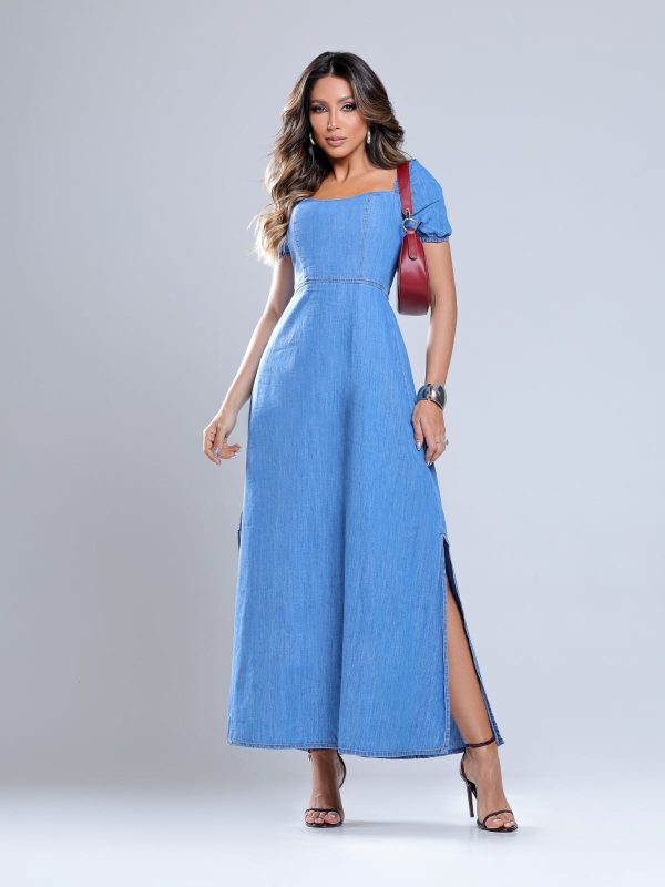 Vestido Longo Jeans de manga, com fenda na perna