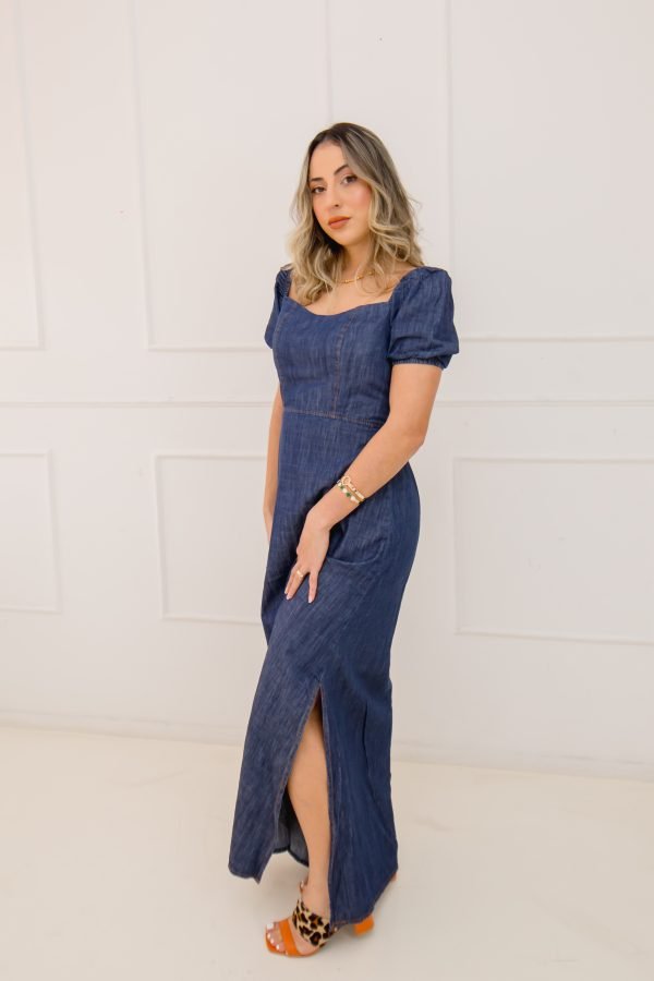 Vestido Longo Jeans de manga, com fenda na perna - Imagem 7