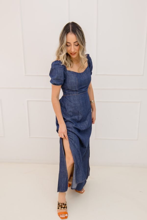 Vestido Longo Jeans de manga, com fenda na perna - Imagem 2